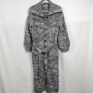 Frame Belted Melange Wool Blend Belted Cardigan in Navy and Light Gray Size S